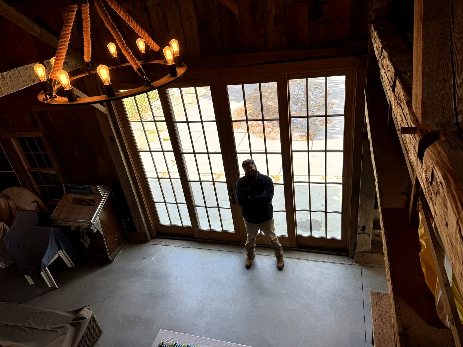 Post and beam structure with sliding glass door installation